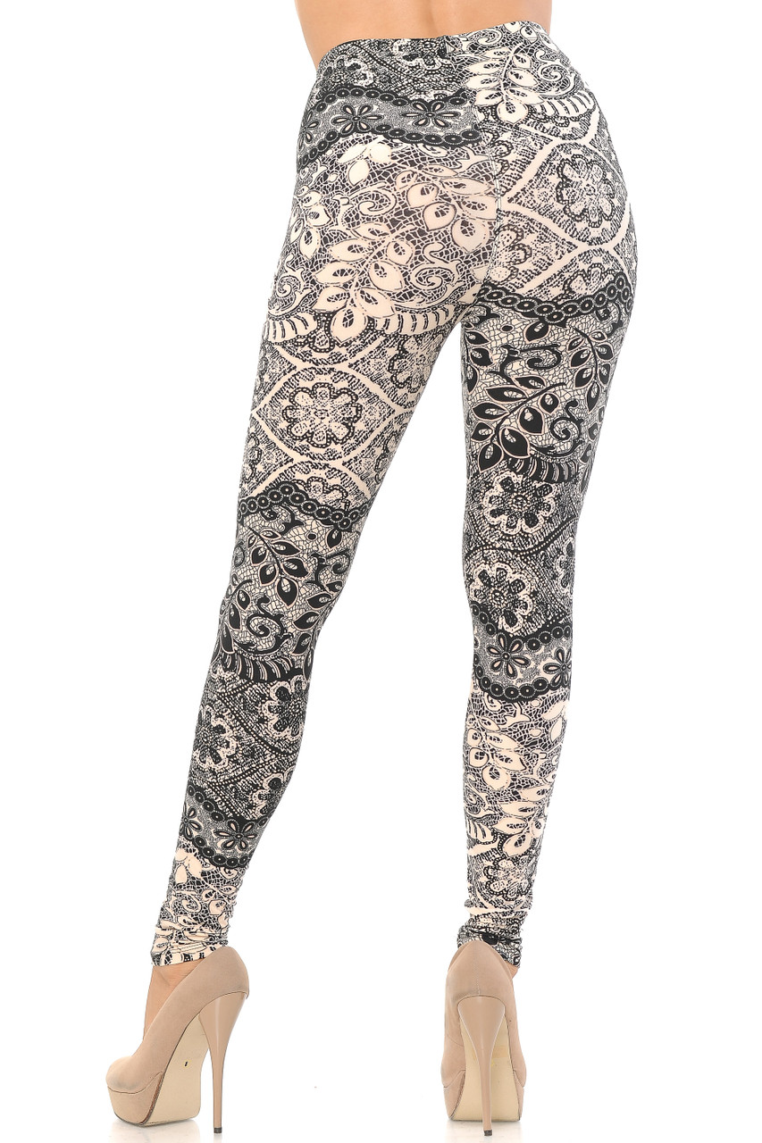 Back view image of our form fitting and figure flattering Buttery Soft Cream Exquisite Leaf Plus Size Leggings