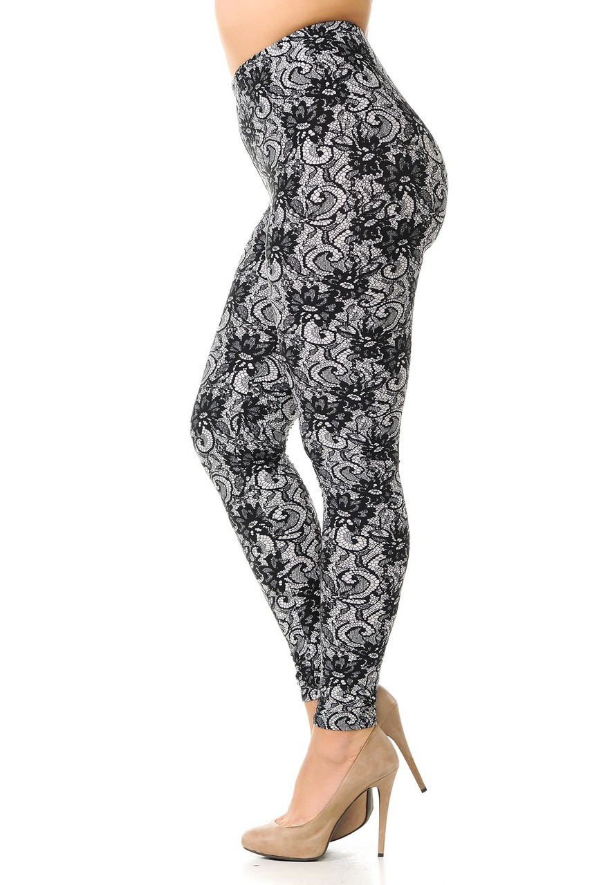 Left side view image of Buttery Soft Sassy Lace Print Plus Size Leggings.