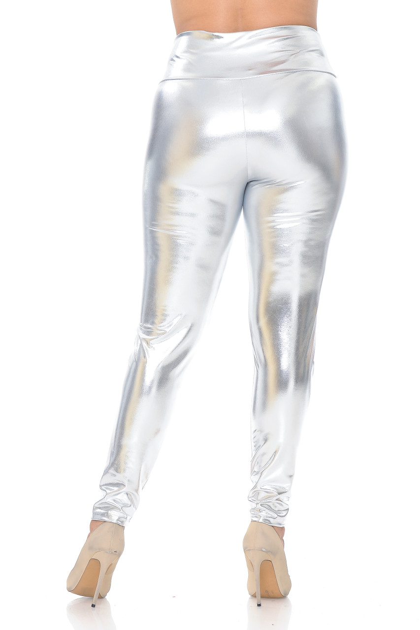 High Waisted Metallic Silver Plus Size Sport Leggings