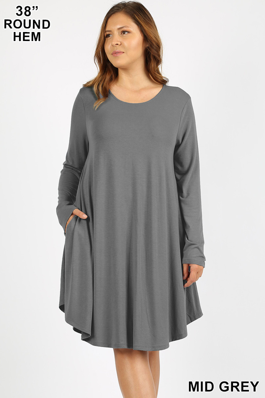 Premium Long Sleeve A-Line Round Hem Plus Size Rayon Tunic with Pockets