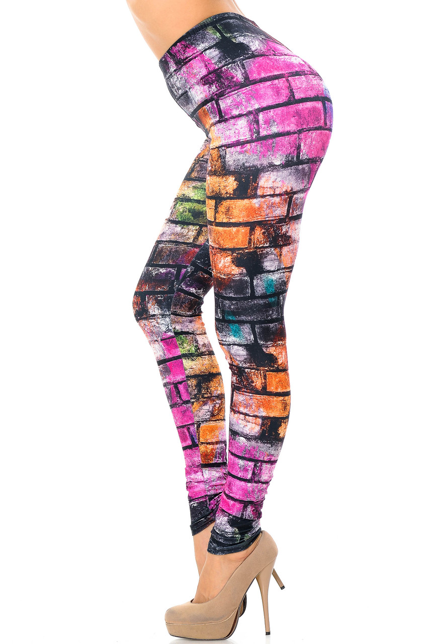 Left side leg image view of Creamy Soft Rainbow Brick Extra Plus Size Leggings - 3X-5X - USA Fashion™