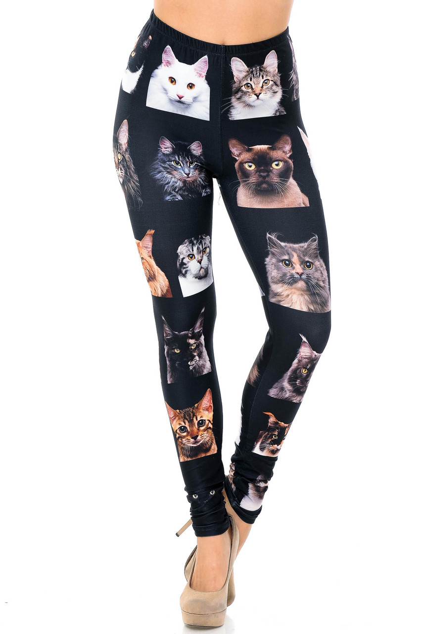 Front view image of Creamy Soft Cute Kitty Cat Faces Plus Size Leggings - USA Fashion™ with a comfort stretch elastic waistband that comes up to about mid rise.