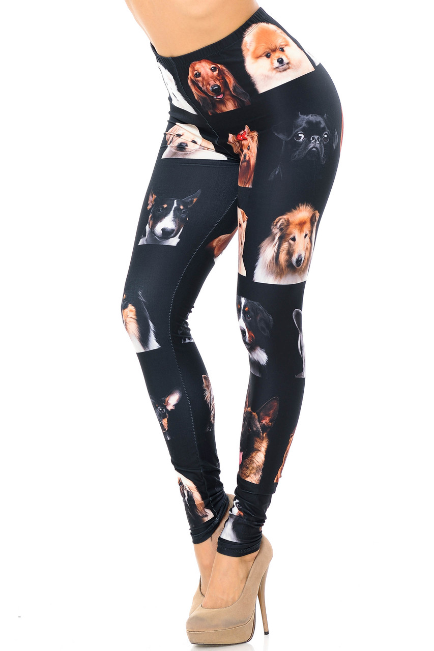 Left side view image of our Creamy Soft Cute Puppy Dog Faces Leggings - USA Fashion™ featuring a black background covered with adorable faces of different types of dogs.