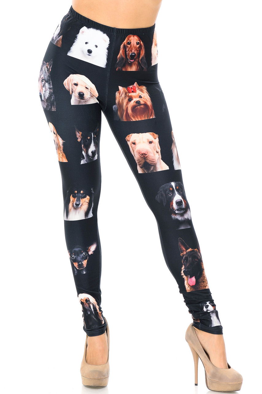Front image view of our full length skinny leg cut Creamy Soft Cute Puppy Dog Faces Plus Size Leggings - USA Fashion™