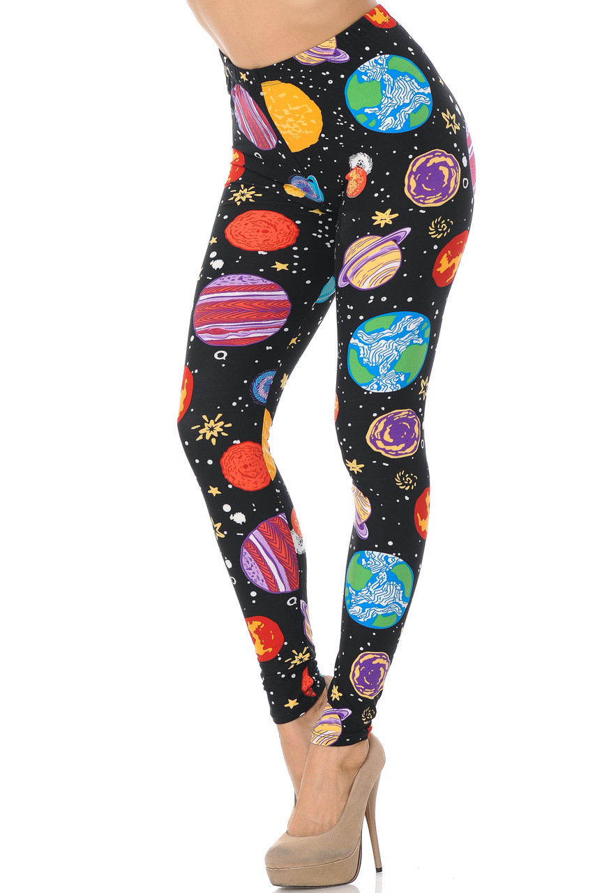 Front view of these stand out Buttery Smooth Planets in Space Plus Size Leggings decorated with colorful planets that highly contrast a black fabric base.