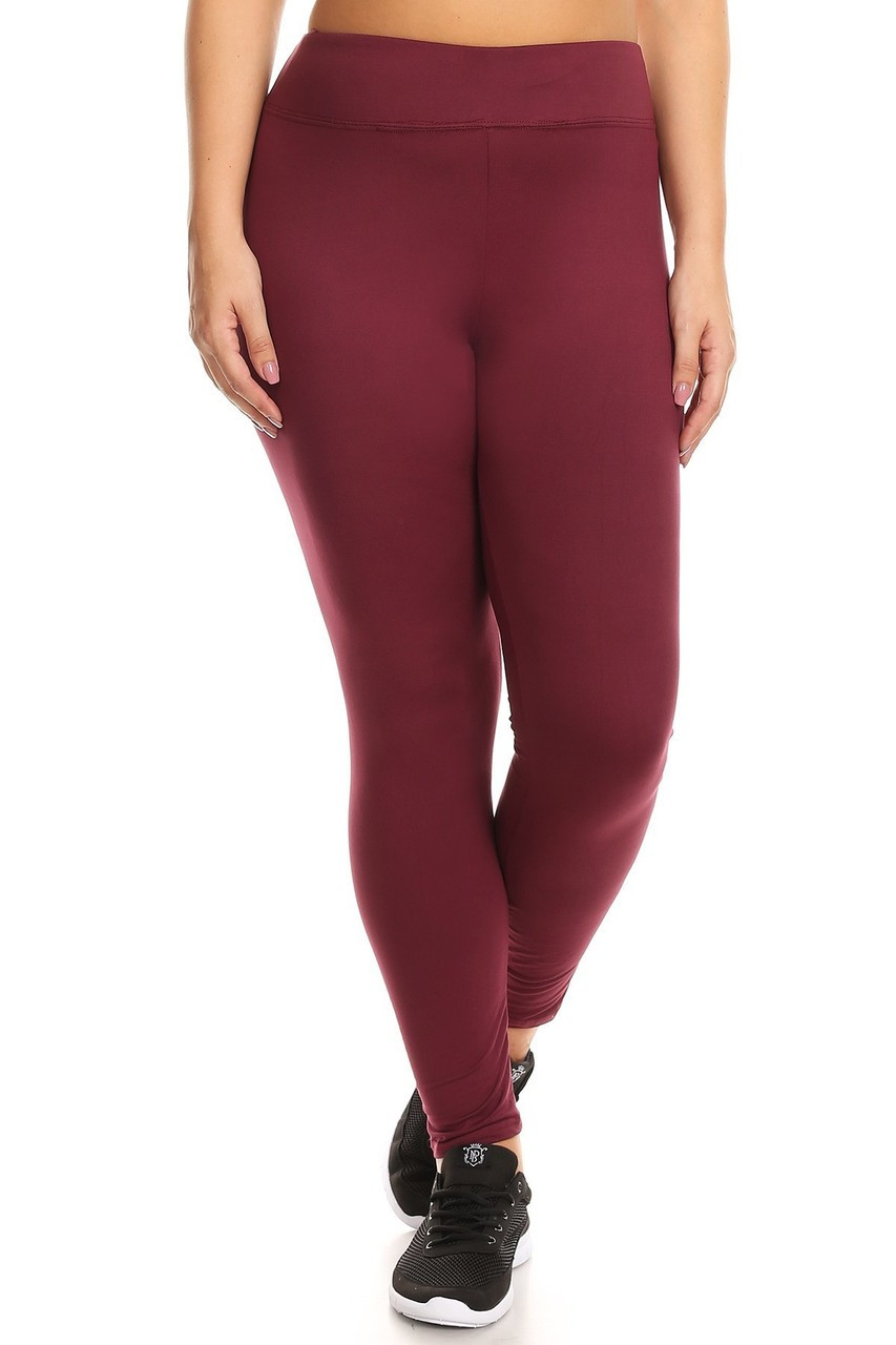 Burgundy front image of X7L105 - High Waisted Fleece Lined Sport Plus Size Leggings