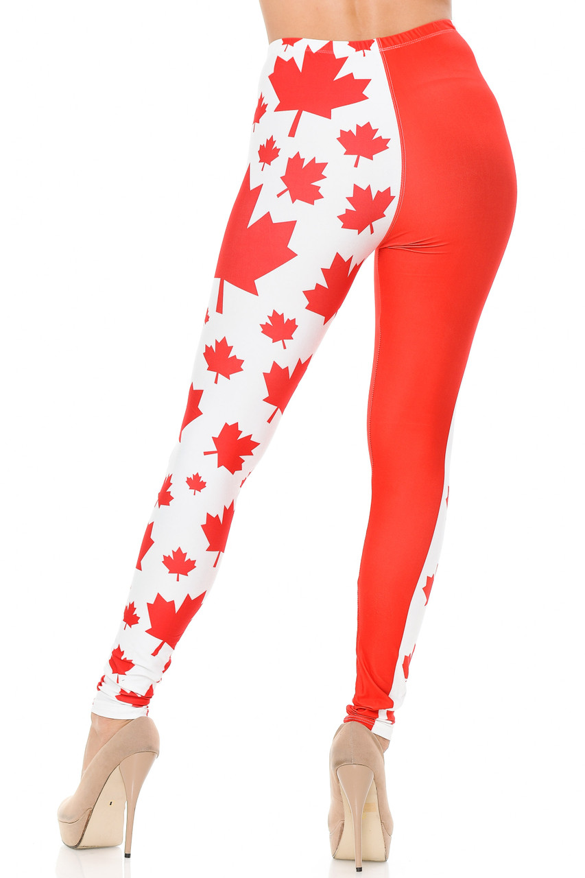 Rear view image showing off the flattering fit of our Creamy Soft Canadian Flag Extra Plus Size Leggings.