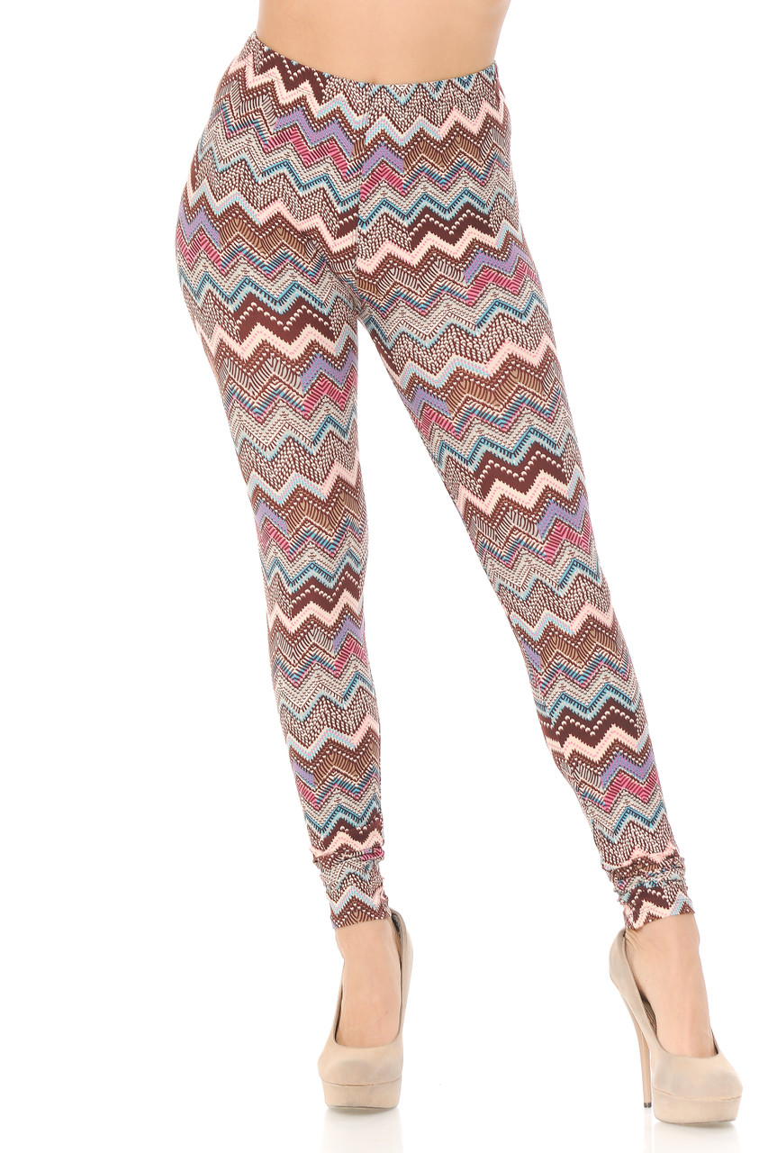 Front view of full length skinny leg cut Buttery Smooth Earthen Chevron Plus Size Legging.