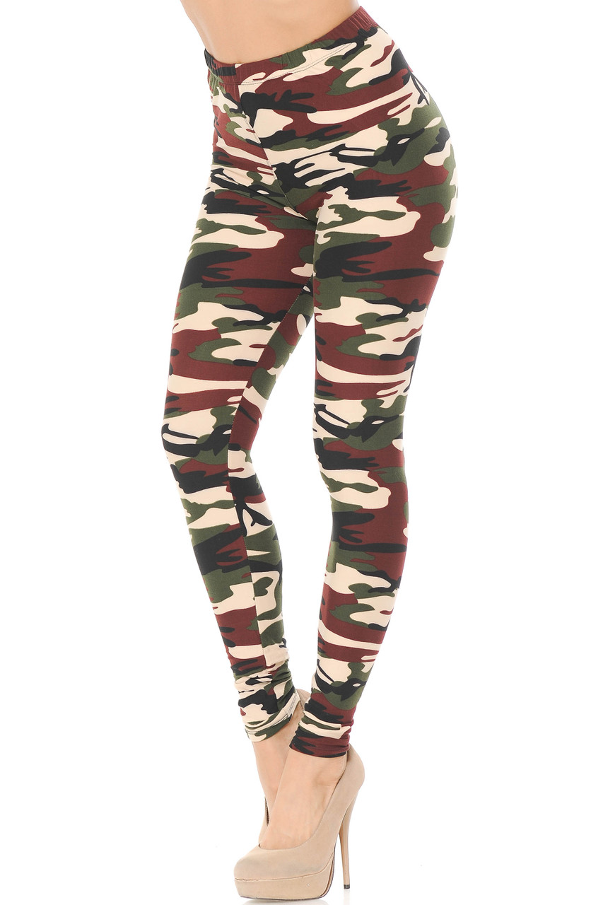 Our Buttery Smooth Cozy Camouflage Leggings feature a classic army print design with a mixed brown and olive color scheme.