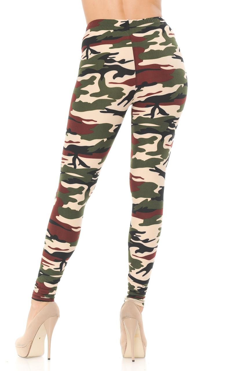 Rear view image of our Buttery Soft Cozy Camouflage Extra Plus Size Leggings feature a flattering body fitted style.