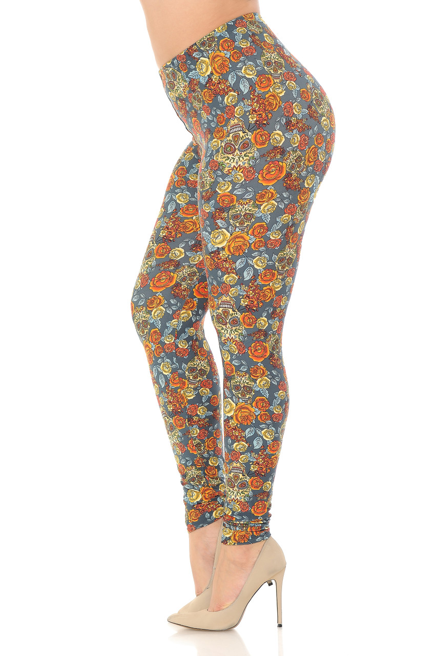 Buttery Smooth Charcoal Rose and Skulls Plus Size Leggings