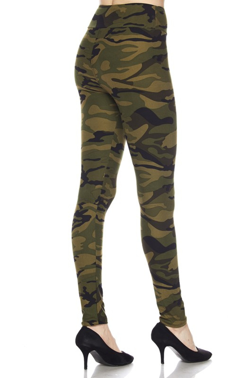 Rear  view image of our Buttery Smooth Green Camouflage High Waist Leggings feature a flattering body fitted style.