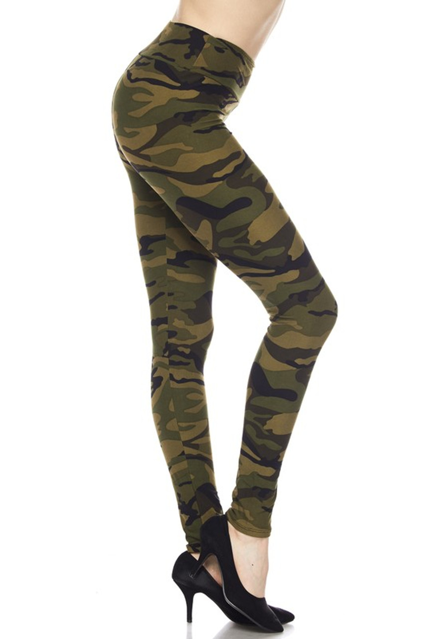 Right side view image of our Buttery Smooth Green Camouflage High Waist Leggings with a look that is ideal for any season.