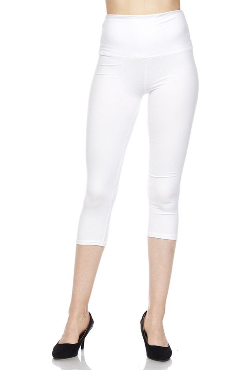 Front view of white Buttery Smooth High Waisted Basic Solid Plus Size Capris