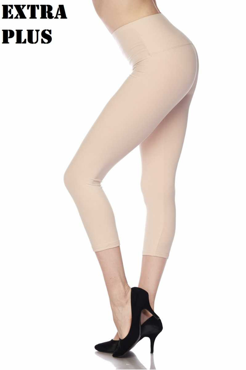 Beige Buttery Smooth Basic Solid High Waisted Extra Plus Size Capris - 5 Inch - 3X-5X  - New Mix