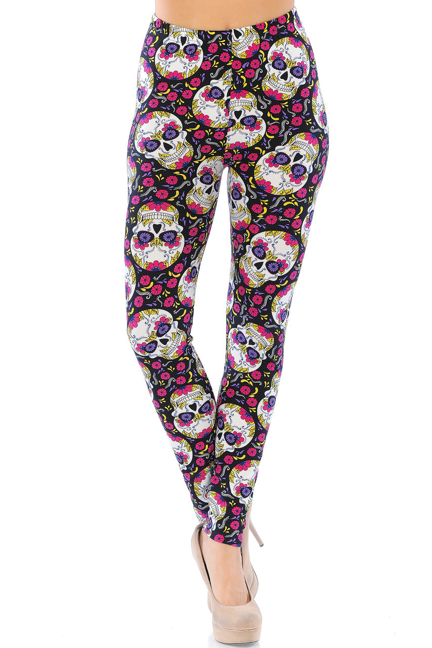 These Buttery Smooth Floral Petal Sugar Skull Leggings feature a full length skinny leg cut and are ideal for any season.