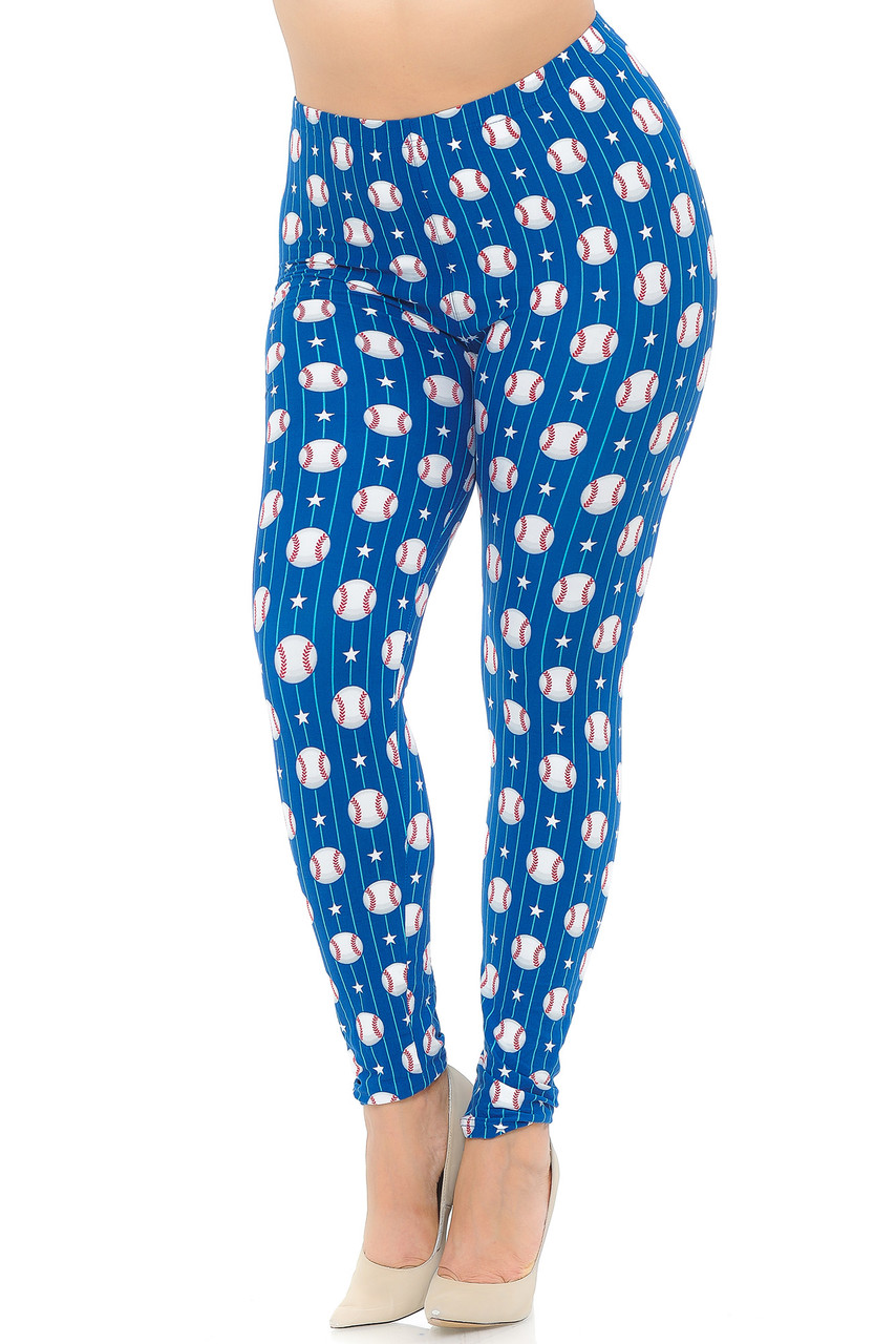 These Buttery Soft Boys of Summer Baseball Extra Plus Size Leggings feature a vibrant blue background, and are decorated with an all over print of baseballs, white stars, and white stripes.