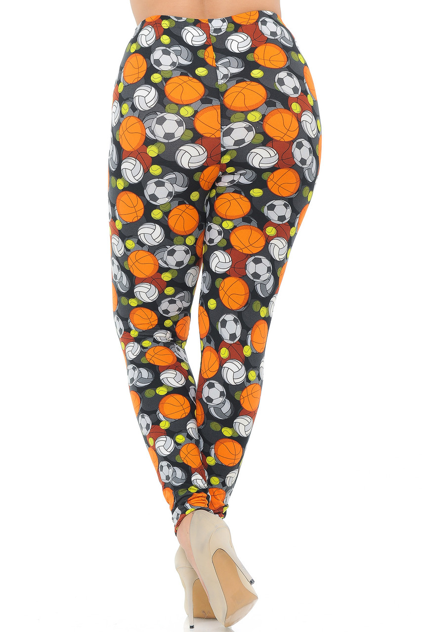 Our Buttery Smooth Sports Ball Plus Size Leggings are completely covered with a 360 degree sporty design.