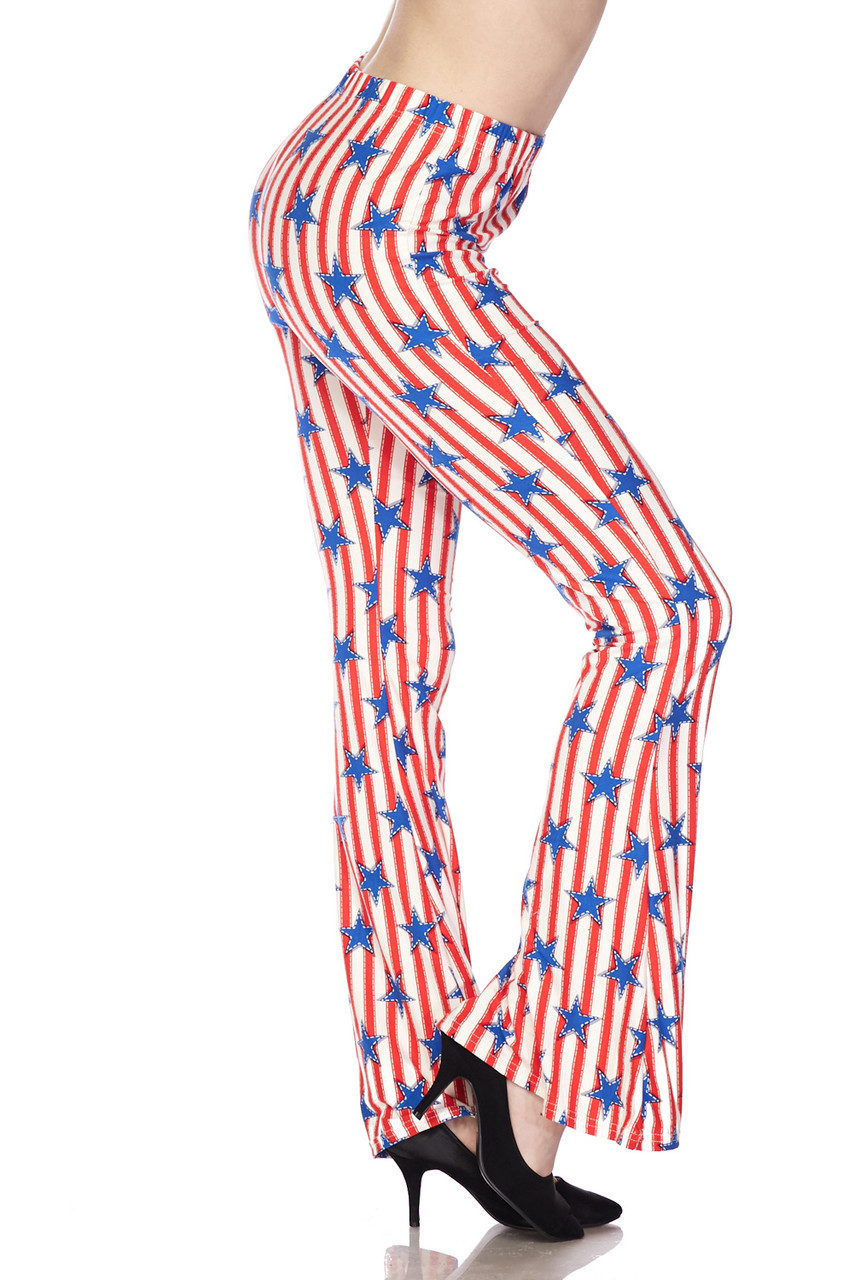 Right view image of our sassy Buttery Soft Vertical Stars on Stripes Bell Bottom Leggings featuring an American flag inspired red and white vertical striped design with blue stars.