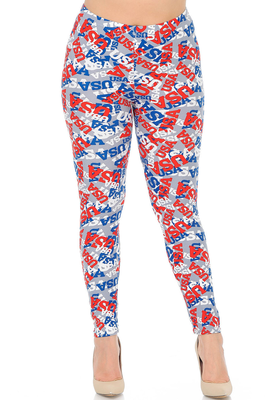 Front view image of Buttery Soft All Over USA Plus Size Leggings featuring a 360 degree patriotic design perfect for Fourth of July.