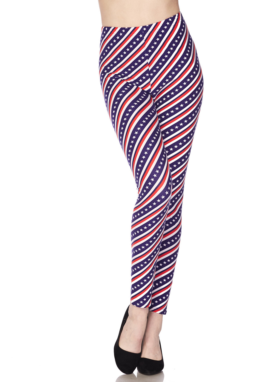 Front view of our Buttery Smooth Spiral Stars and Stripes Leggings with a patriotic themed design that is ideal for Fourth of July or Memorial Day outfits.