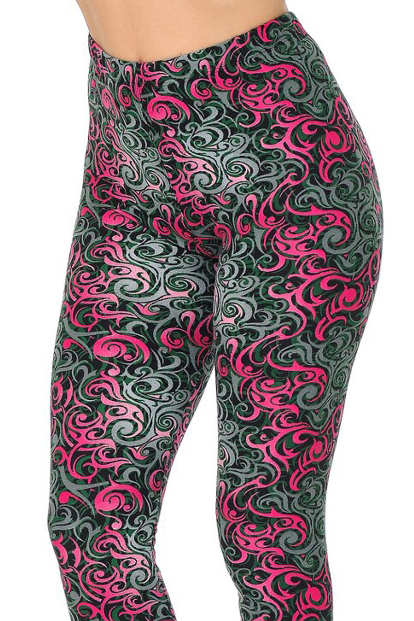 Close up of Fuchsia Buttery Smooth Fuchsia Tangled Swirl High Waisted Capri with a pink, gray, and black swirl design.