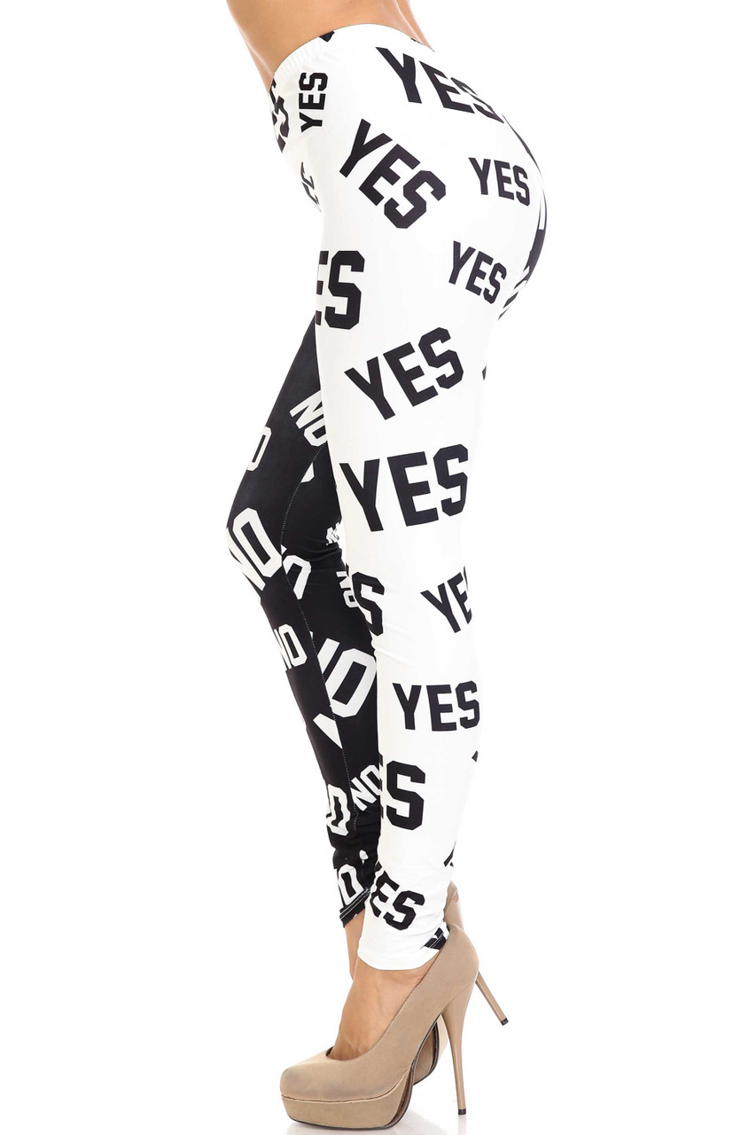 Left side of Creamy Soft Yes and No Extra Plus Size Leggings - 3X-5X - By USA Fashion™ showing the black on white "yes" print.