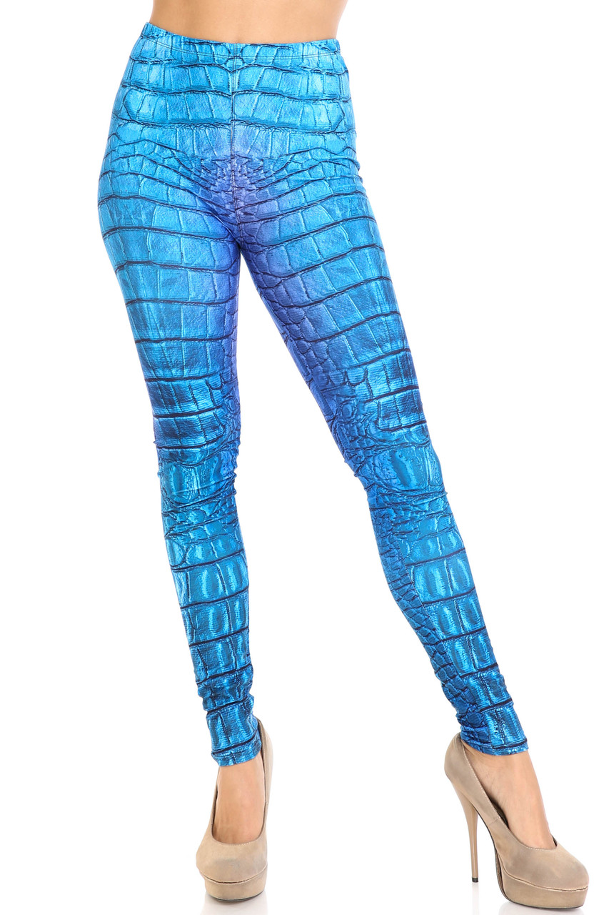 Front facing image of Creamy Soft Vibrant Blue Dragon Plus Size Leggings - By USA Fashion™ showing the all over brilliantly colored design.