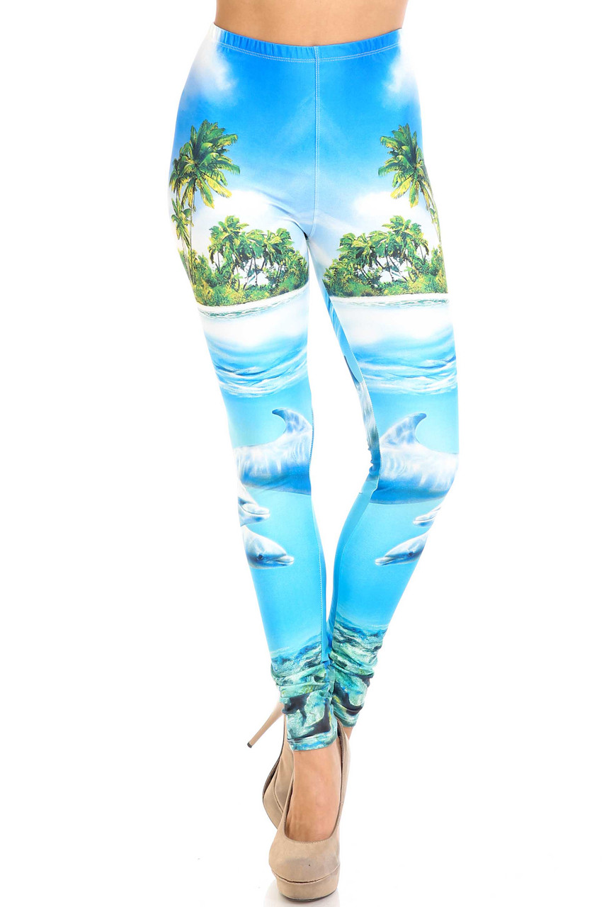 Front view of mid rise Creamy Soft Dolphin Paradise Plus Size Leggings - By USA Fashion™ with an elastic stretch waist.