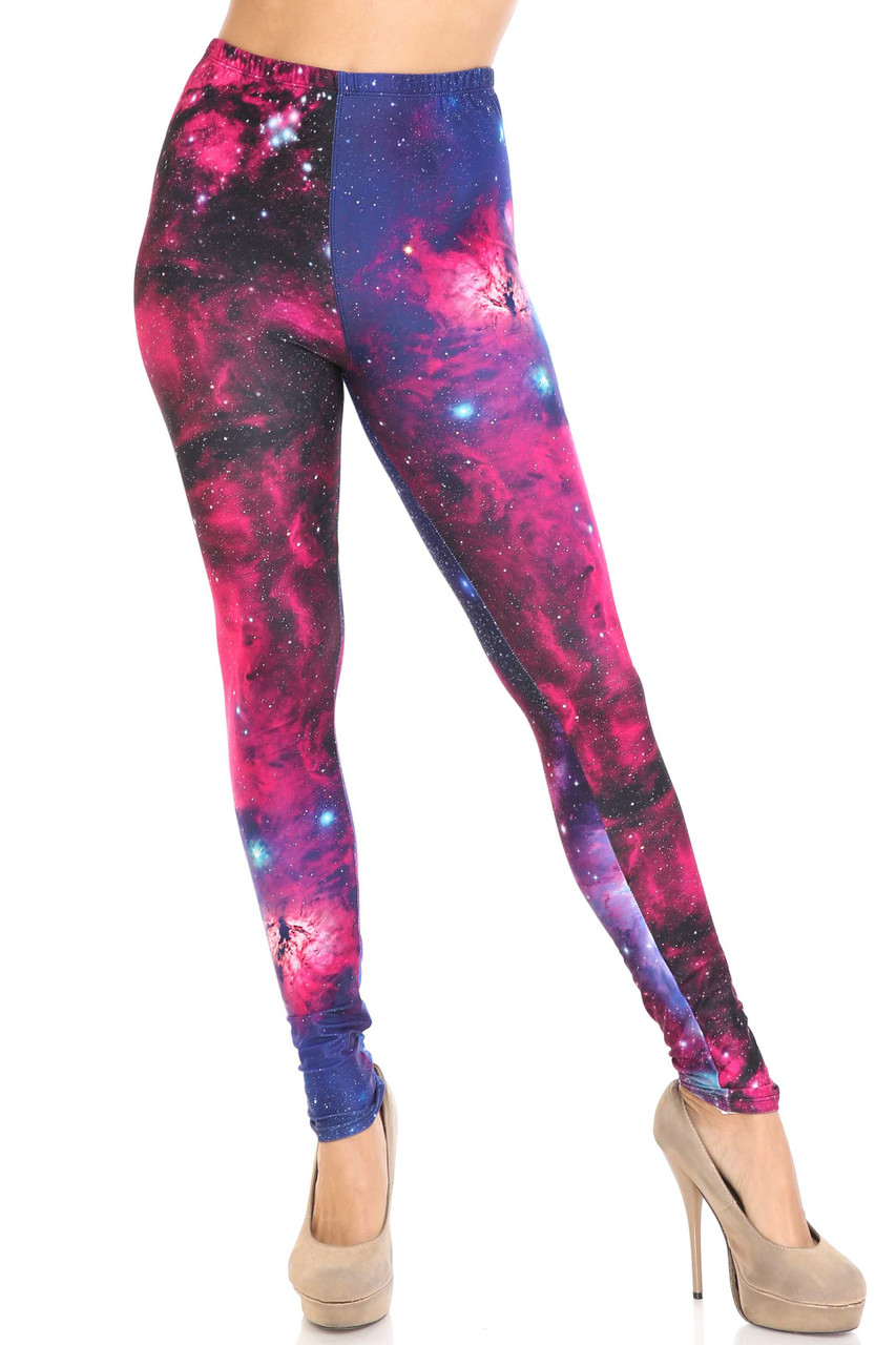 Front view of Creamy Soft Fuchsia Galaxy Plus Size Leggings - USA Fashion™ with a full length skinny fit.