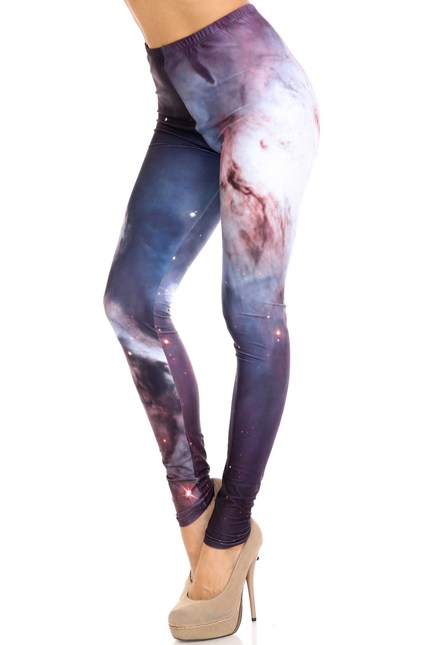45 degree view of Creamy Soft Black Galaxy Leggings - USA Fashion™ featuring a black space sky with burgundy accents.