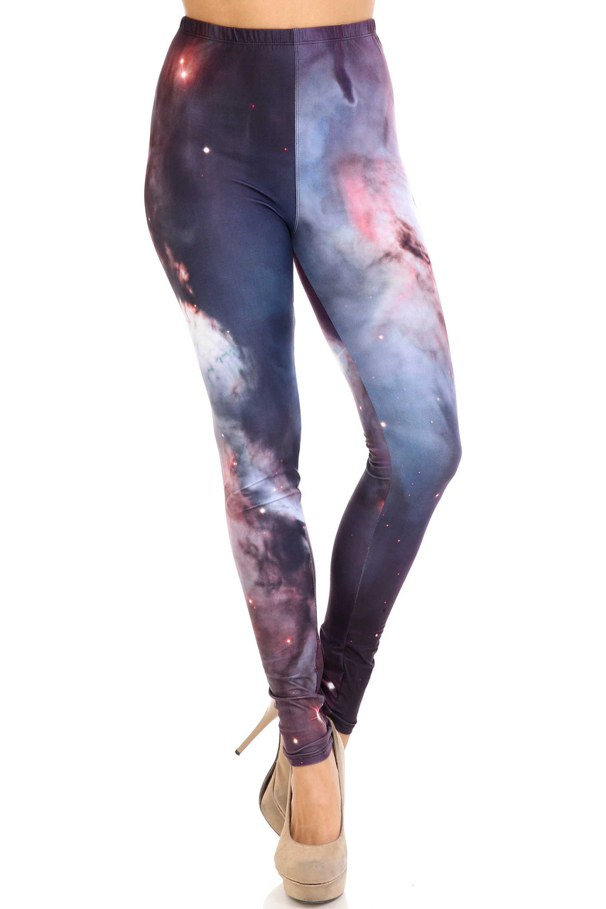 Front of Creamy Soft Black Galaxy Leggings - USA Fashion™ with a mid rise elastic waist.
