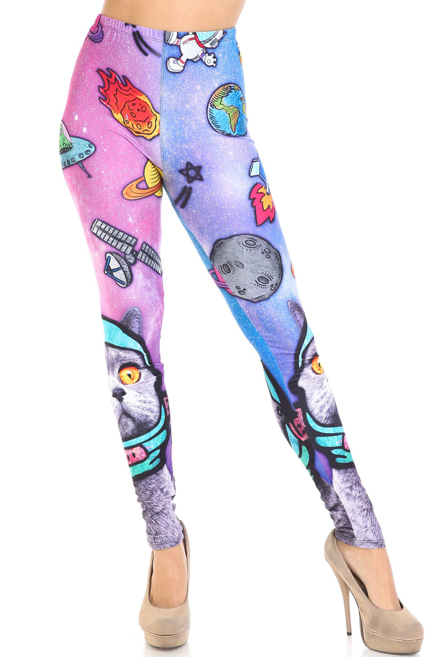 Front view of Creamy Soft Space Cat Plus Size Leggings - USA Fashion™ with an elastic waist that comes up to about mid rise.