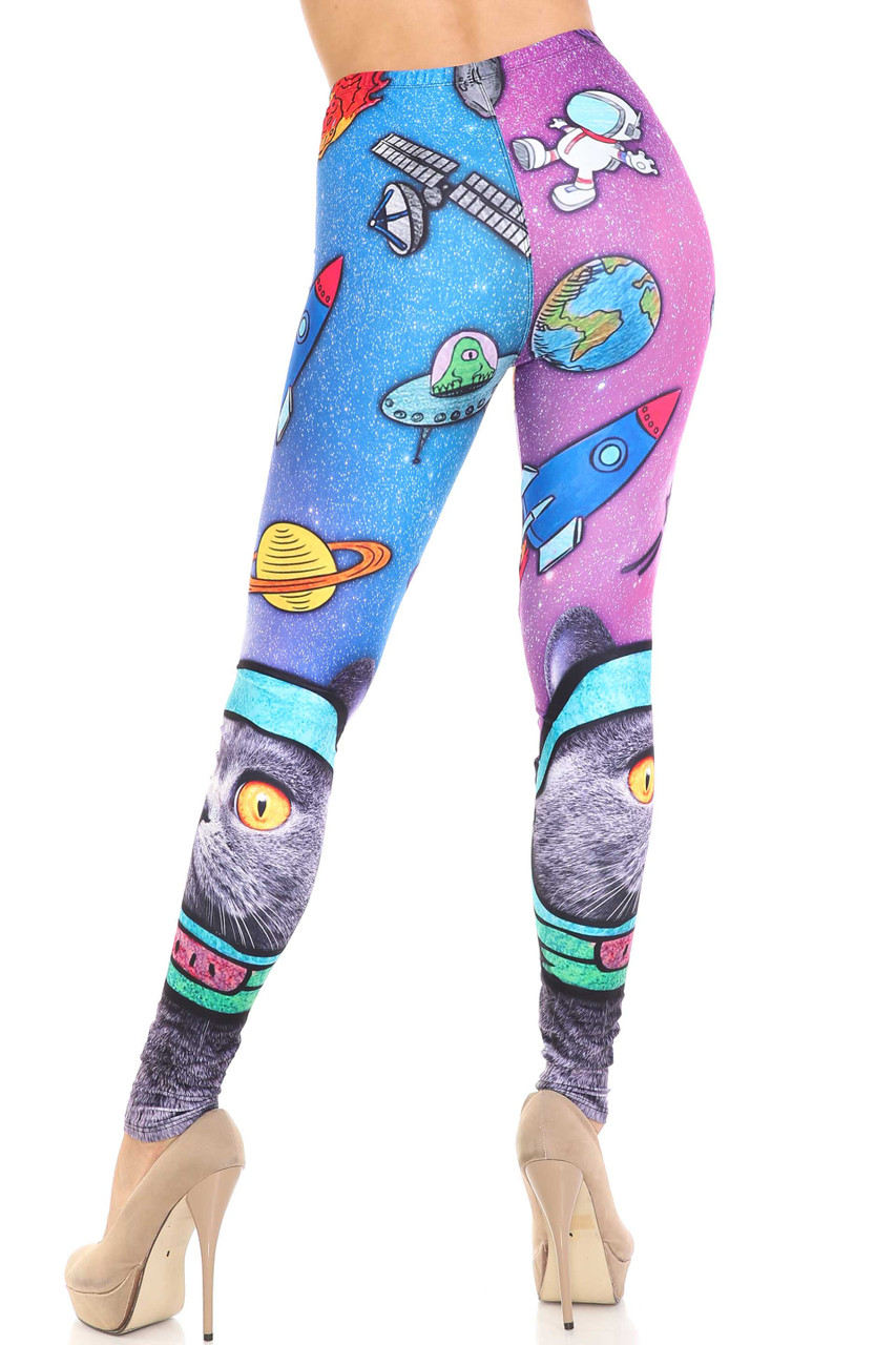 Rear view of figure flattering Creamy Soft Space Cat Extra Plus Size Leggings - 3X-5X - USA Fashion™