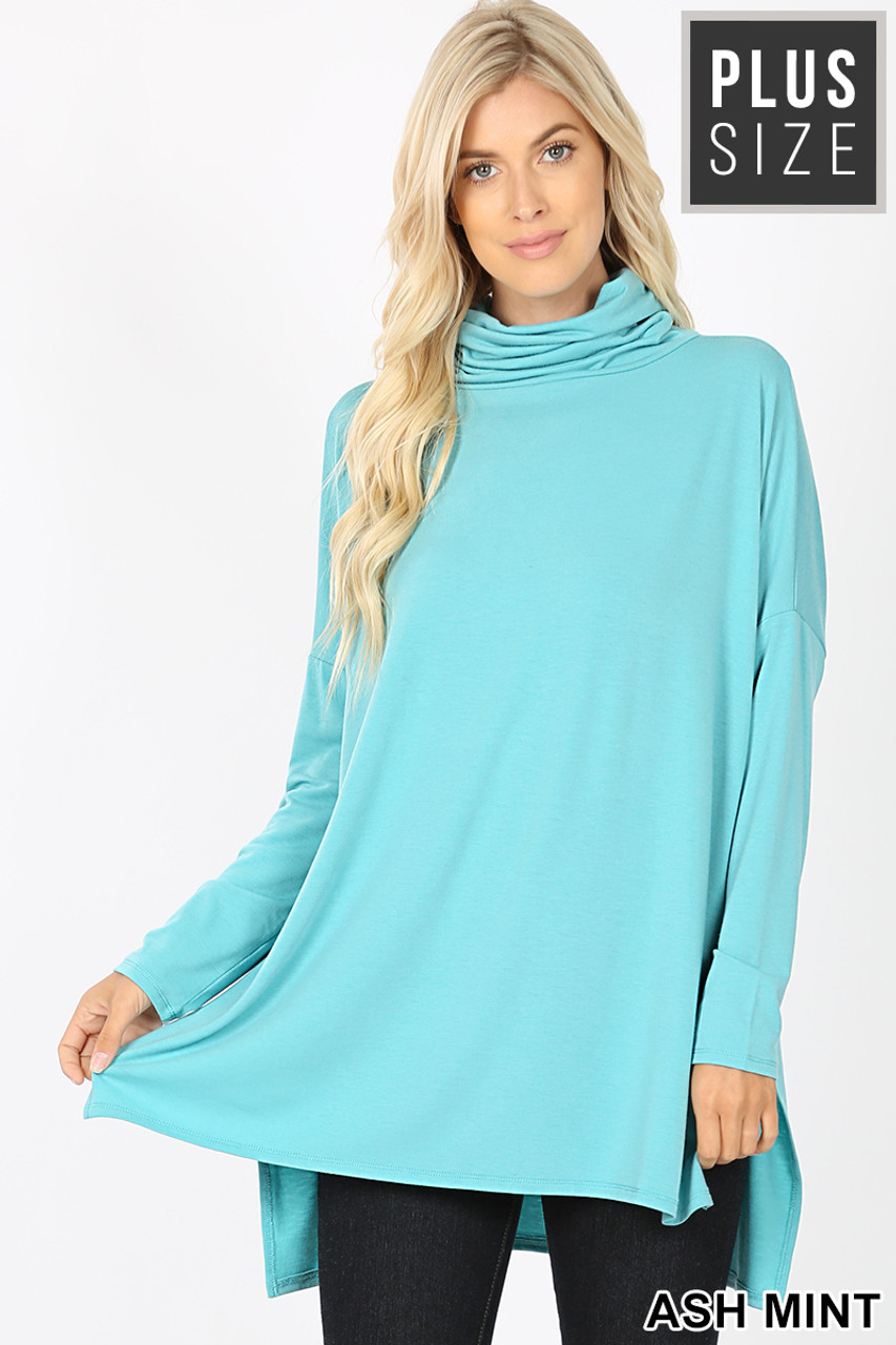 Front image of Ash Mint Rayon Cowl Neck Dolman Sleeve Plus Size Top