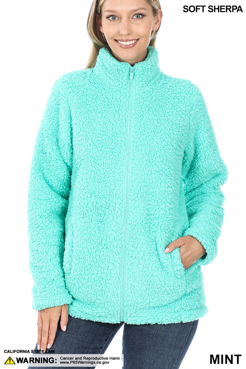 Front of Mint Sherpa Zip Up Jacket with Side Pockets