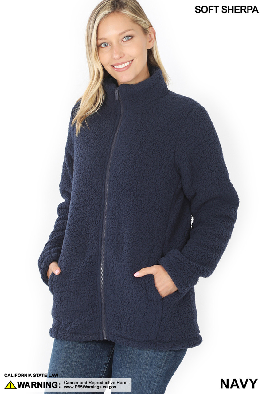 45 degree image of Navy Sherpa Zip Up Jacket with Side Pockets