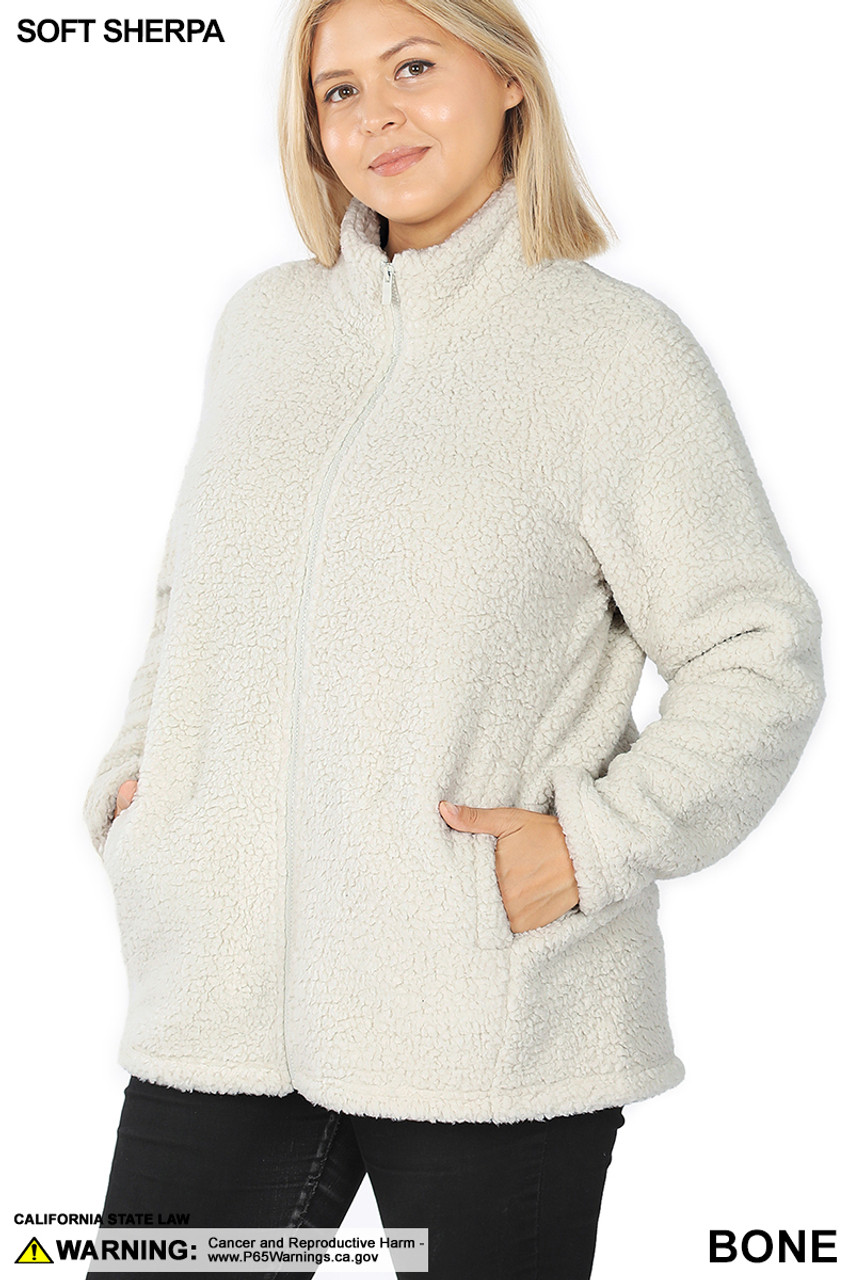 Front image of Bone Sherpa Zip Up Plus Size Jacket with Side Pockets