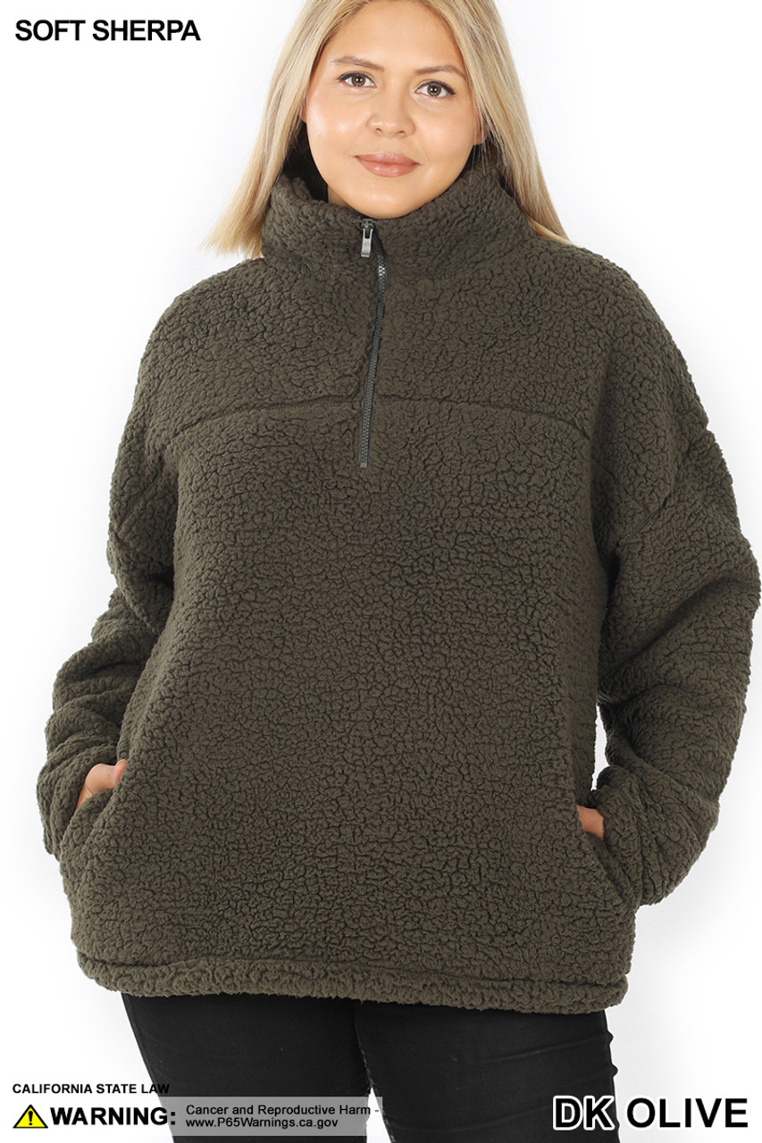 Front of Dark Olive Sherpa Half Zip Plus Size Pullover with Side Pockets