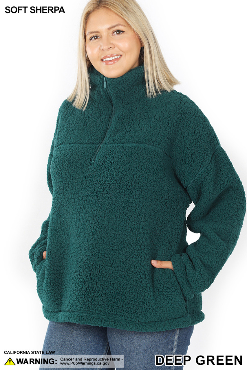 45 degree image of Deep Green Sherpa Half Zip Plus Size Pullover with Side Pockets
