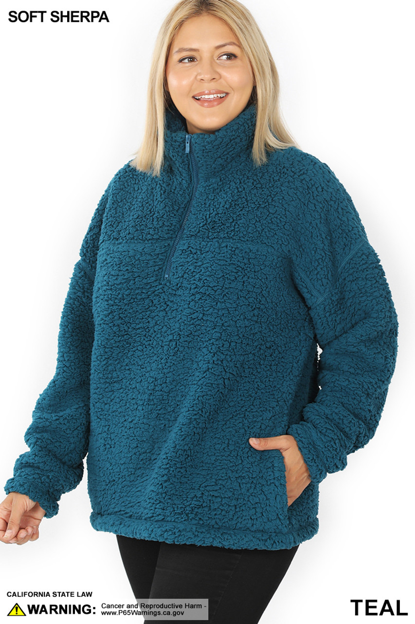 Front of Teal Sherpa Half Zip Plus Size Pullover with Side Pockets