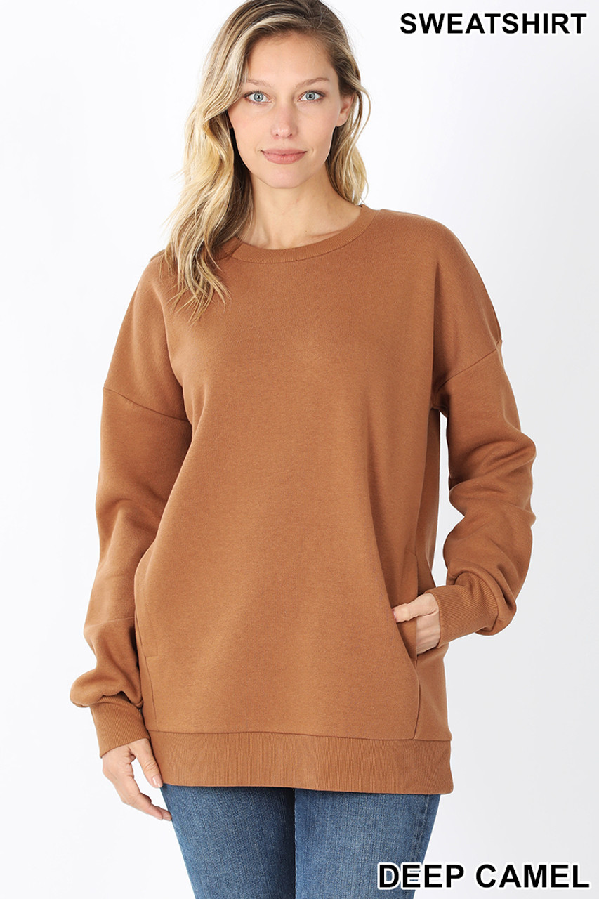 Front image of Deep Camel Round Crew Neck Sweatshirt with Side Pockets