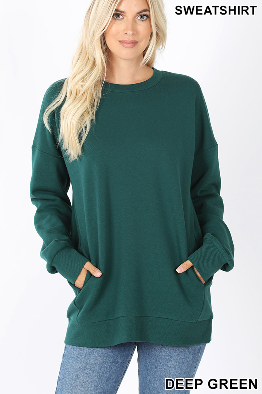 Round Crew Neck Plus Size Sweatshirt with Side Pockets