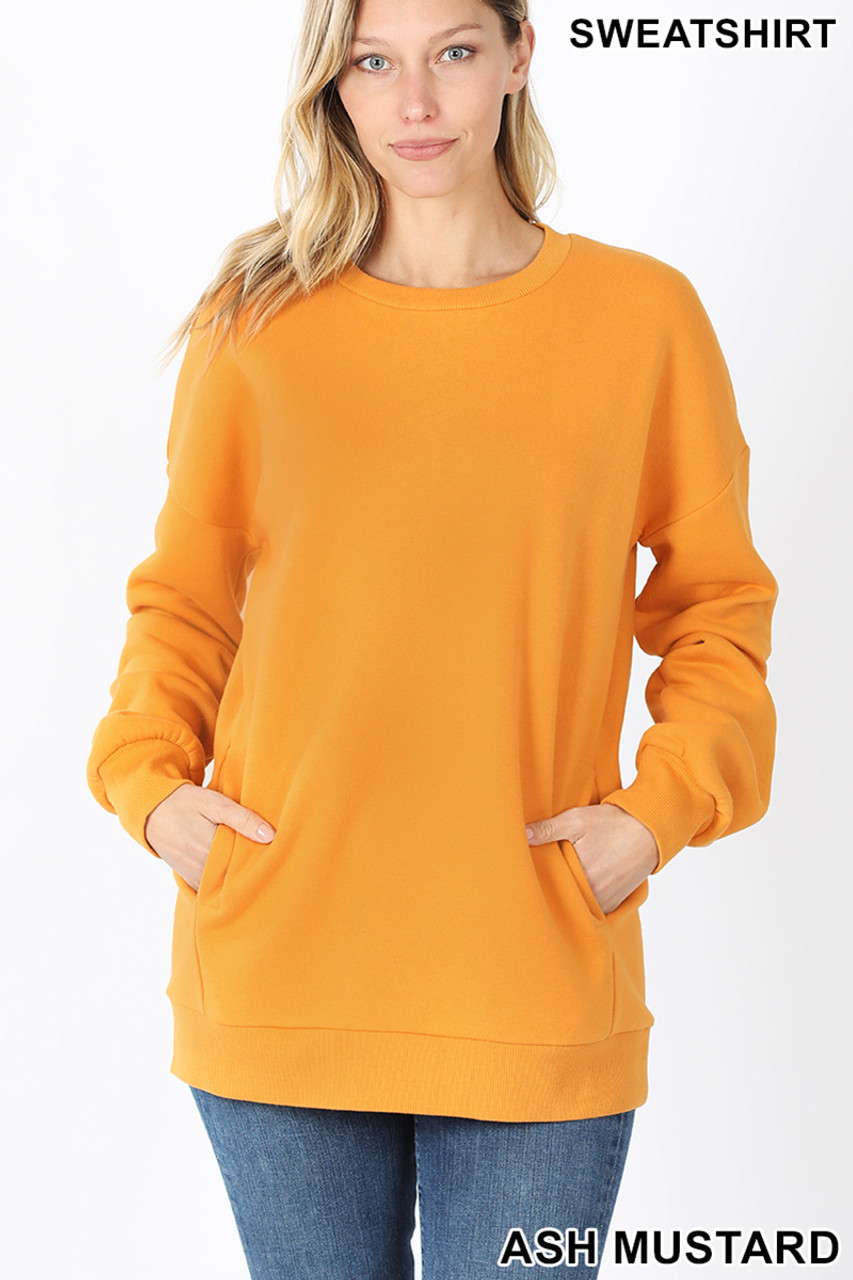 Front image of Ash Mustard Round Crew Neck Sweatshirt with Side Pockets