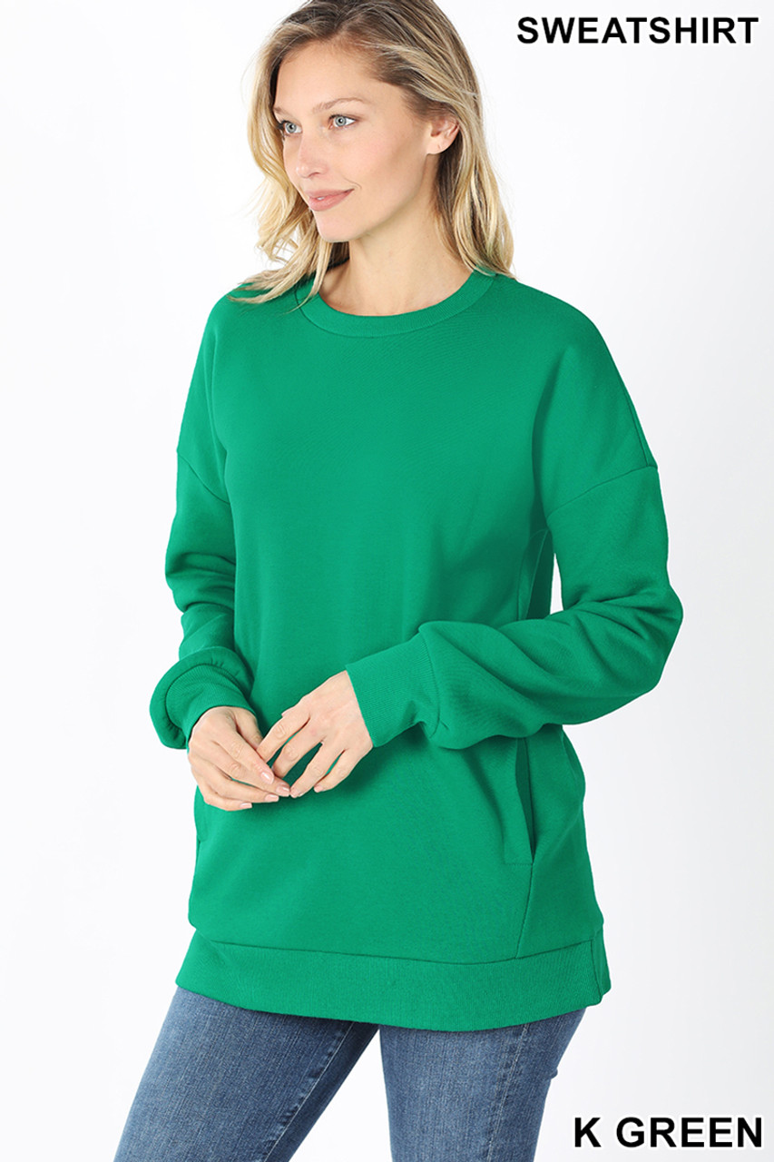 Slightly turned image of Kelly Green Round Crew Neck Sweatshirt with Side Pockets