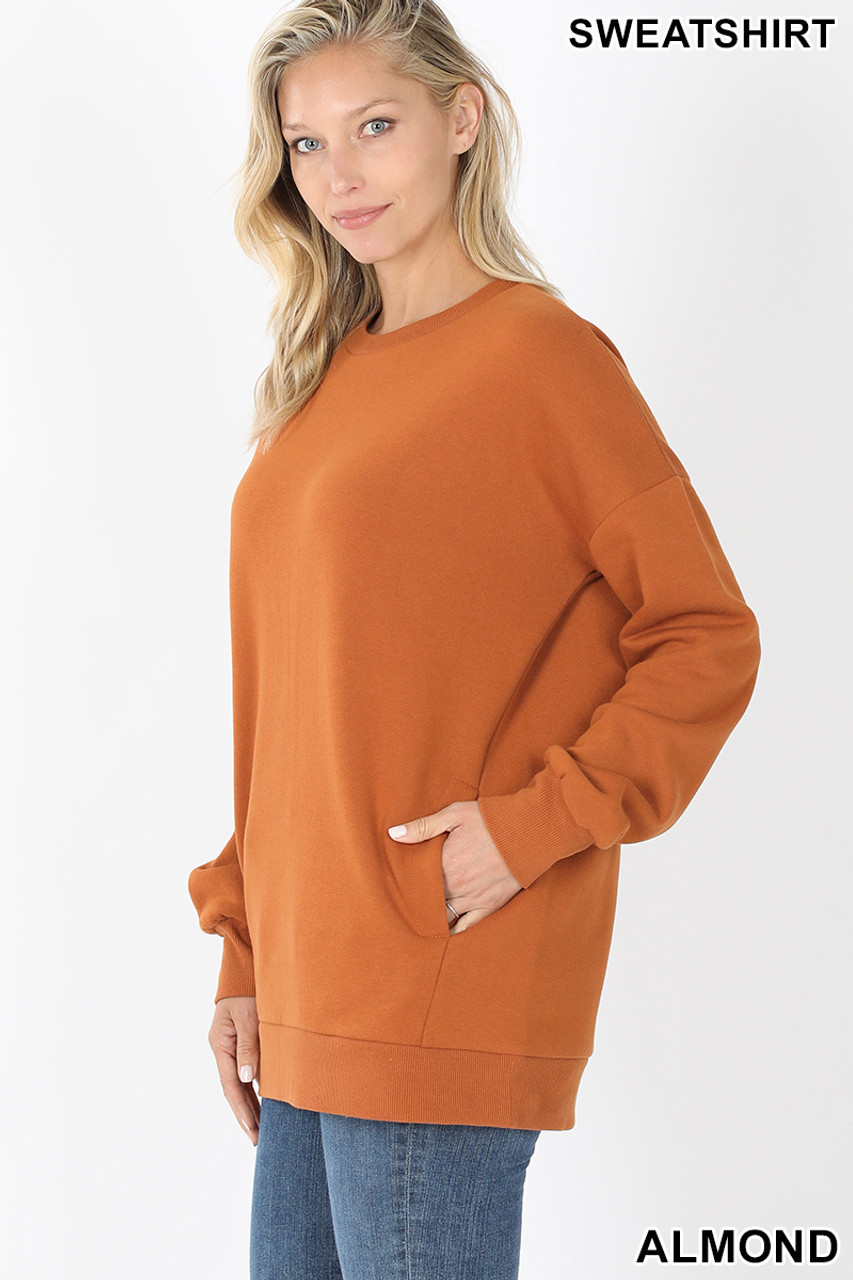 Left side image of Almond Round Crew Neck Sweatshirt with Side Pockets