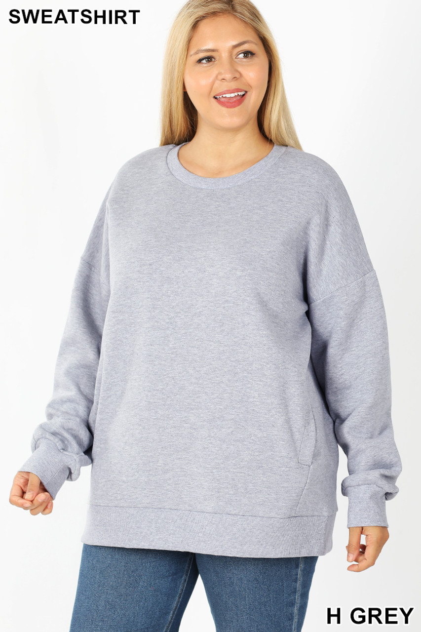 Front image of Heather Grey  Cotton Round Crew Neck Plus Size Sweatshirt with Side Pockets