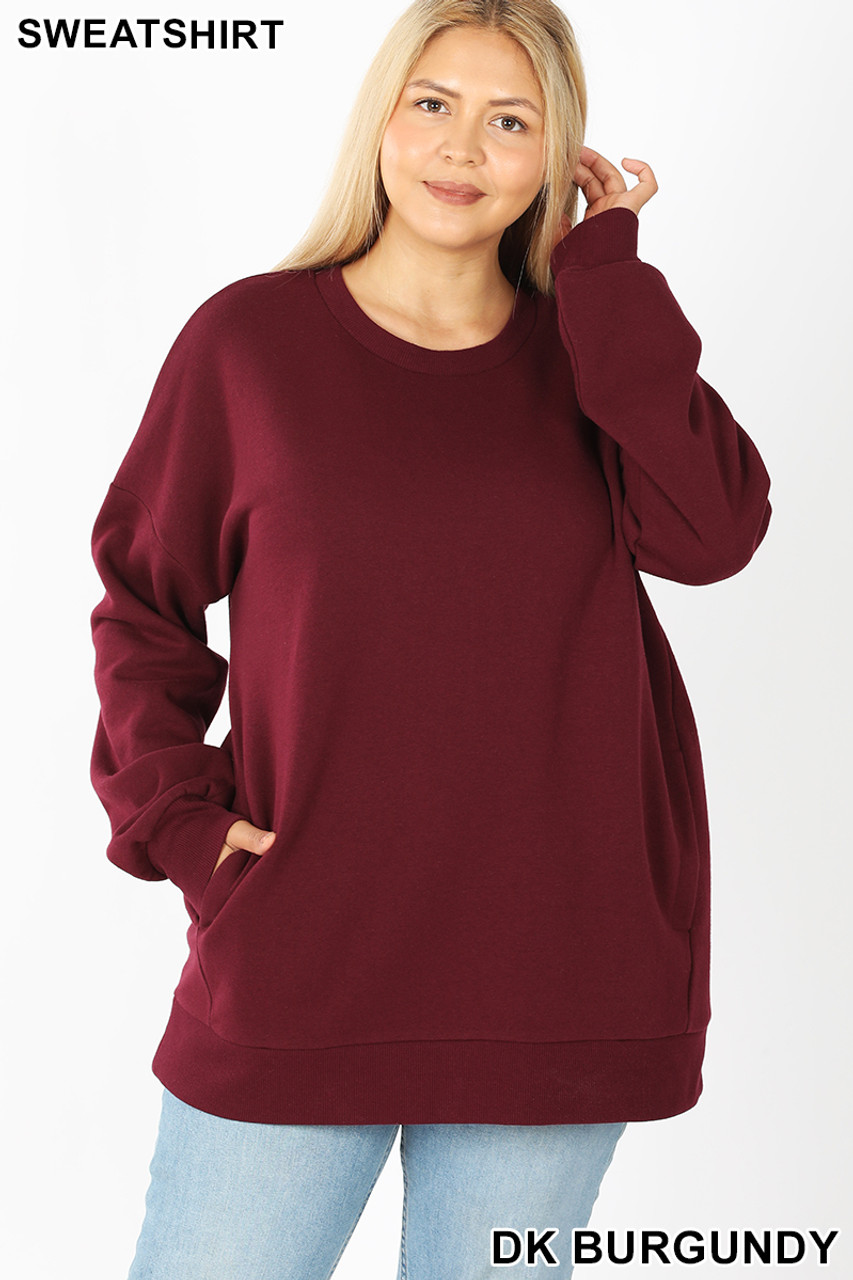 Round Crew Neck Plus Size Sweatshirt with Side Pockets World of