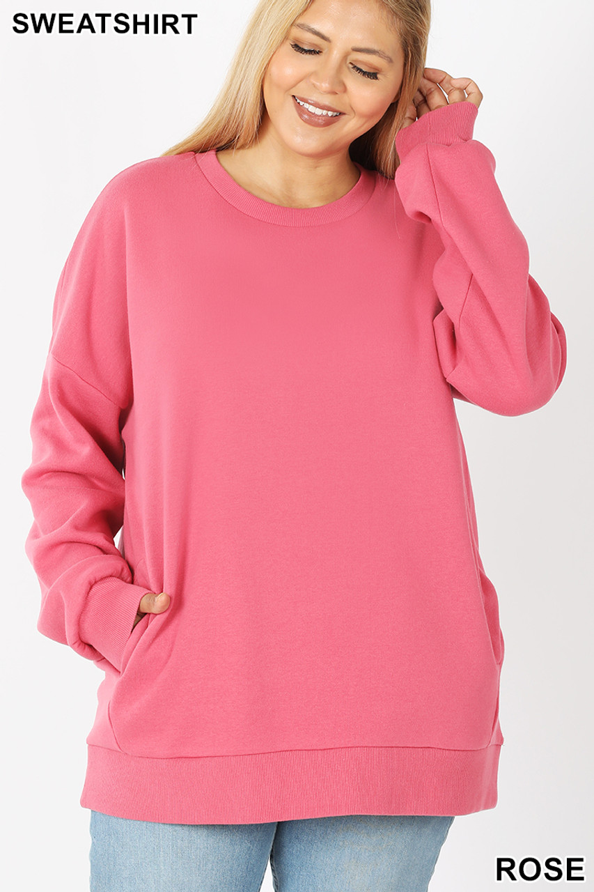 Round Crew Neck Plus Size Sweatshirt with Side Pockets World of