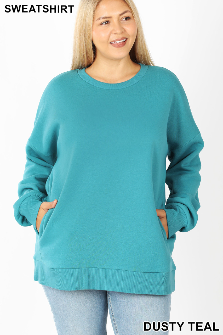 Front image of Dusty Teal Cotton Round Crew Neck Plus Size Sweatshirt with Side Pockets